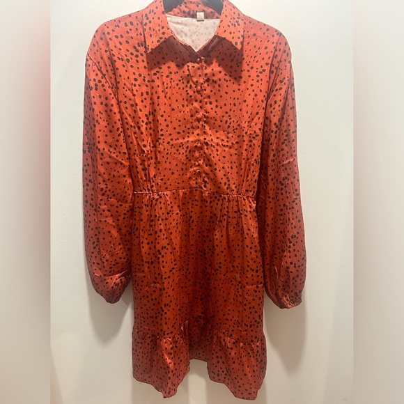 SHEIN size Large orange and black polka dot dress, long sleeve, button up front - Picture 2 of 8